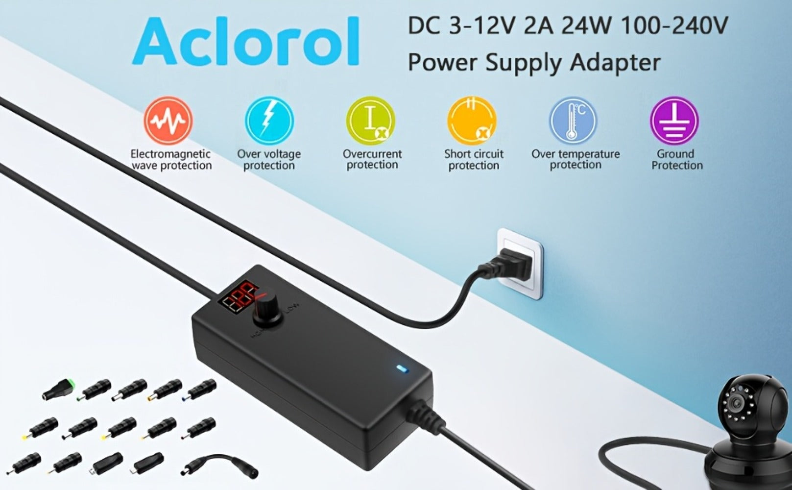 Adjustable AC DC Power Adapter 24W 3-12V 2A Universal Power Supply 100-240V with LED Voltage Display 14 Tips Polarity Converter for Small Home Electronics
