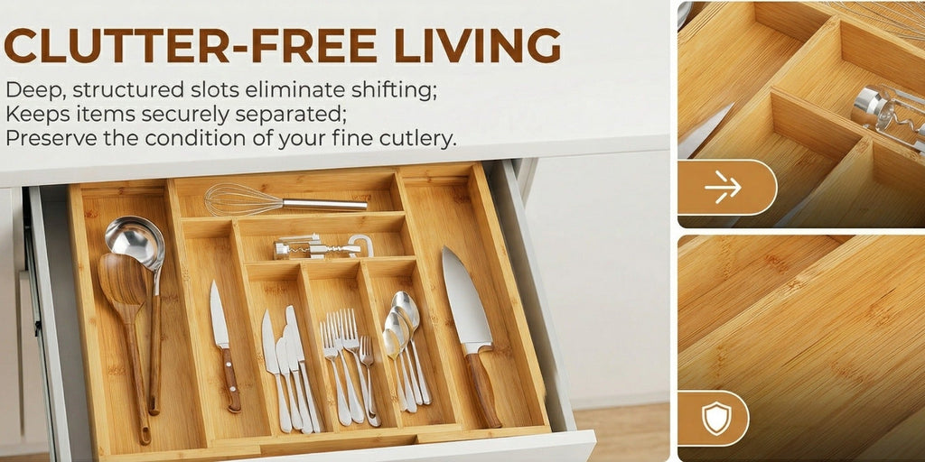 Bamboo Expandable Drawer Organizer Adjustable Cutlery Tray with 6-8 Compartments Wooden Drawer Divider for Kitchen Silverware Utensils Bedroom Office Living Room