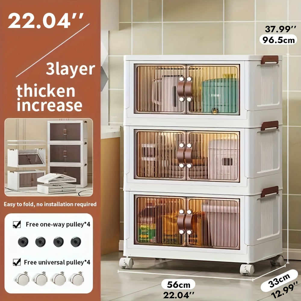 Plastic Storage Box with Wheels and Door Foldable - Large Capacity Rolling Storage Container with Layers for Bedroom, Kitchen, Living Room, Closet Organizer, 56CM Wide