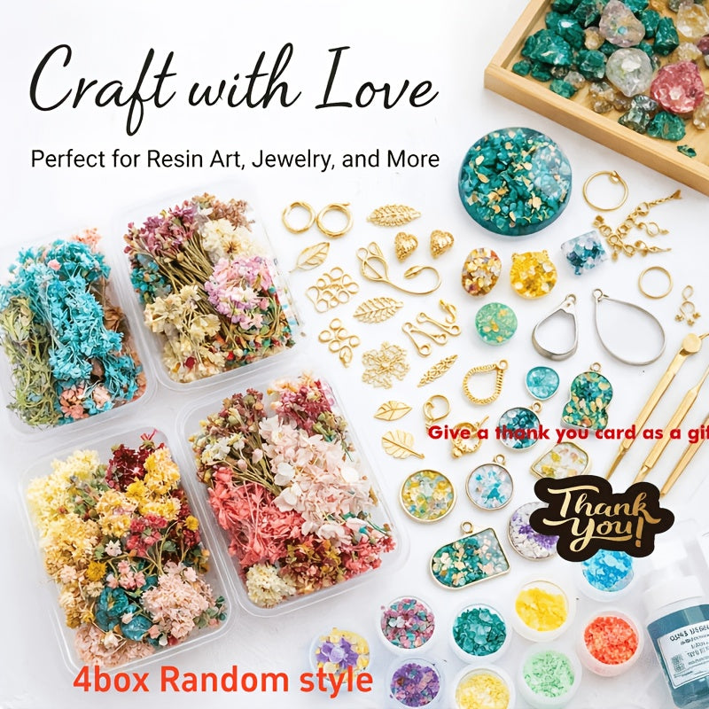 Dried Flower Bouquet Set 4 Boxes Mixed Dried Flowers Leaves for Resin Jewelry Art Crafts Candle Making Holiday Decoration with Greeting Card