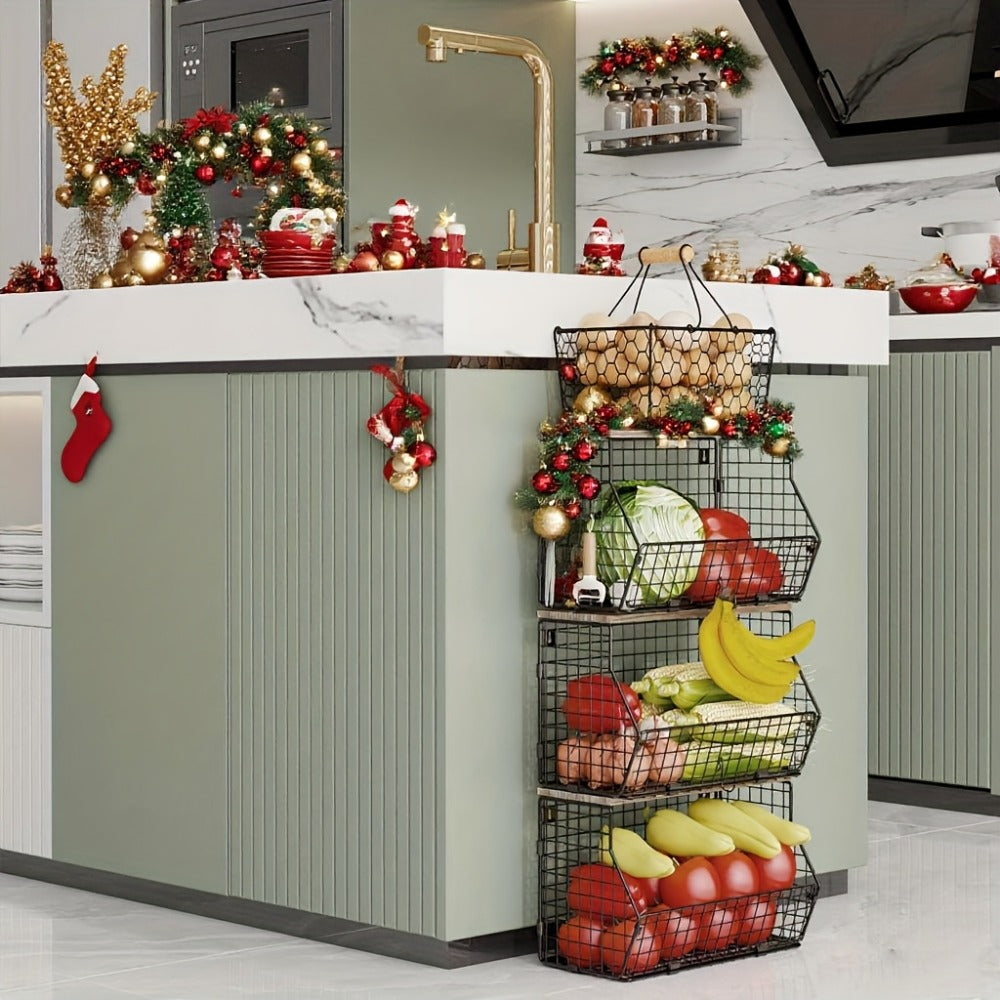 Stackable Metal Wire Fruit Basket with Lid ¨C 1 or 2-Tier Hanging Kitchen Pantry Storage Bin, Wall-Mounted or Countertop Vegetable Organizer for Potato, Onion & Produce, Black
