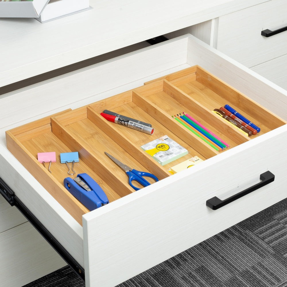 Bamboo Drawer Organizer Expandable Utensil Tray | Adjustable Silverware Organizer for Kitchen Drawers | 5 or 9 Compartments Cutlery Divider for Fork Spoon Knife Kitchen Tools