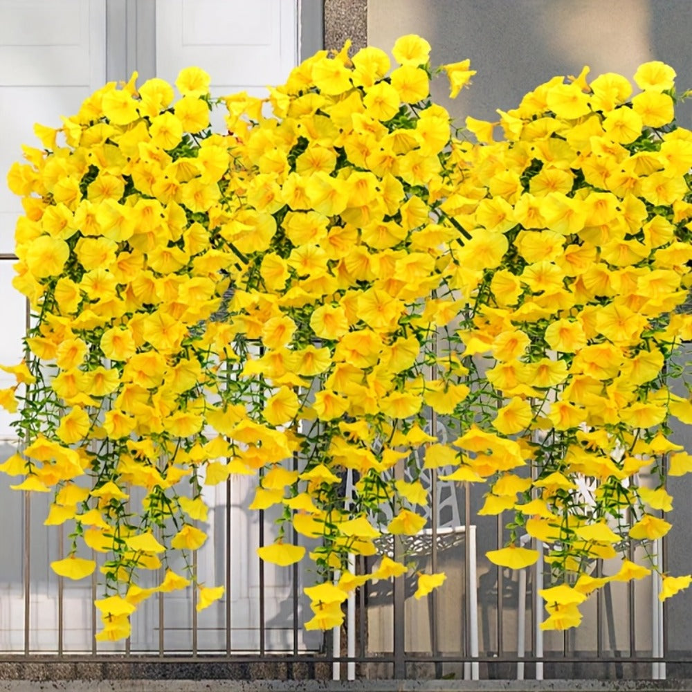 Artificial Flowers Outdoor UV Resistant 4 Bundles Hanging Morning Glory Fake Flowers for Porch Window Box Garden Home Decor Thanksgiving Christmas