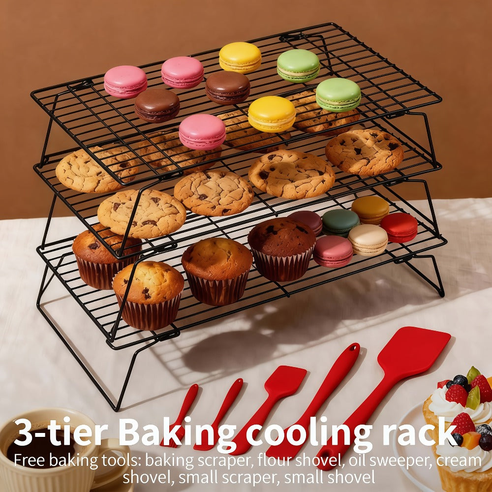 Foldable Cooling Rack Set ¨C Stackable Oven Cookie Cake Drying Rack with Free Baking Tools (Silicone Spatula, Egg Beater, Tongs, Brush) | 3/4/5 Tier Options for Kitchen, Camping & Holiday Baking