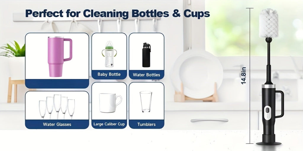 Electric Cup Scrubber Bottle Brush Cleaner ¨C 2-Speed IPX6 Waterproof, Type-C Rechargeable, Deep Cleans 40oz Mugs, Tumblers & Hydration Bottles, Long Straw Brush Included, Wall Mount Storage, Kitchen Cleaning Tool