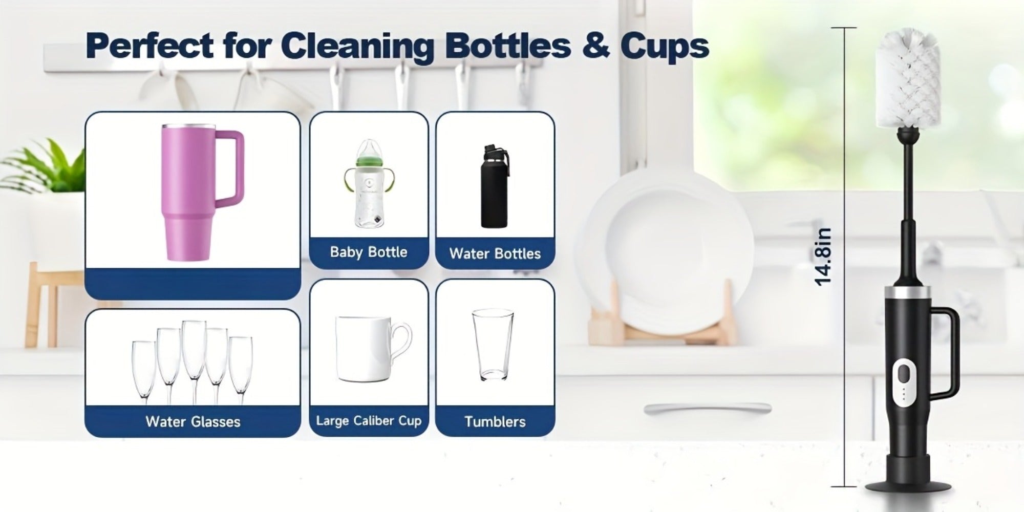 Electric Cup Scrubber Bottle Brush Cleaner ¨C 2-Speed IPX6 Waterproof, Type-C Rechargeable, Deep Cleans 40oz Mugs, Tumblers & Hydration Bottles, Long Straw Brush Included, Wall Mount Storage, Kitchen Cleaning Tool