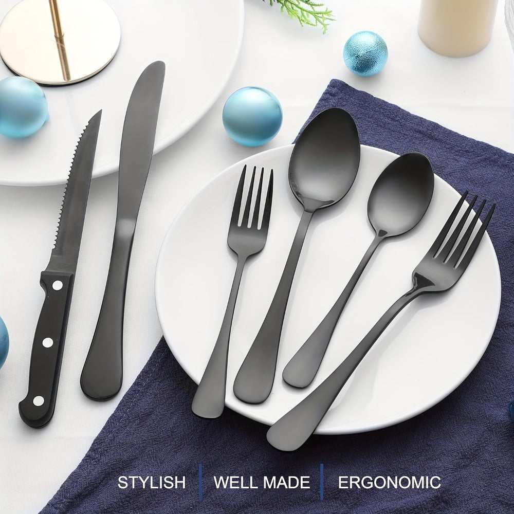 Stainless Steel Flatware Set with Steak Knives ¨C 24/48 Piece Silverware Set Service for 4 or 8, Mirror Polished Cutlery, Dishwasher Safe, Silver & Black