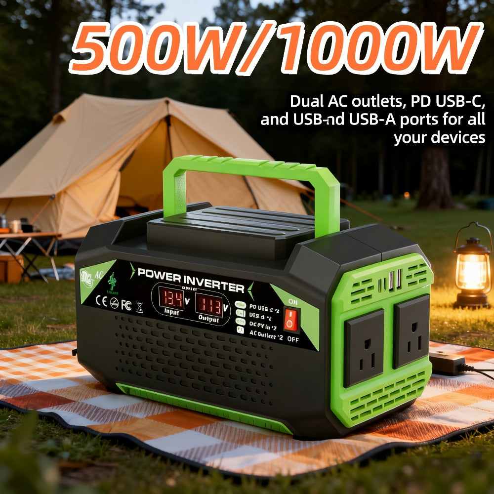 Power Inverter 500W/1000W DC 12V to AC 110V - Car Power Converter with LCD Display, 2 AC Outlets, 2 USB Ports & 2 Type-C, for Home, Car, RV, Camping & Outdoor Emergency Power