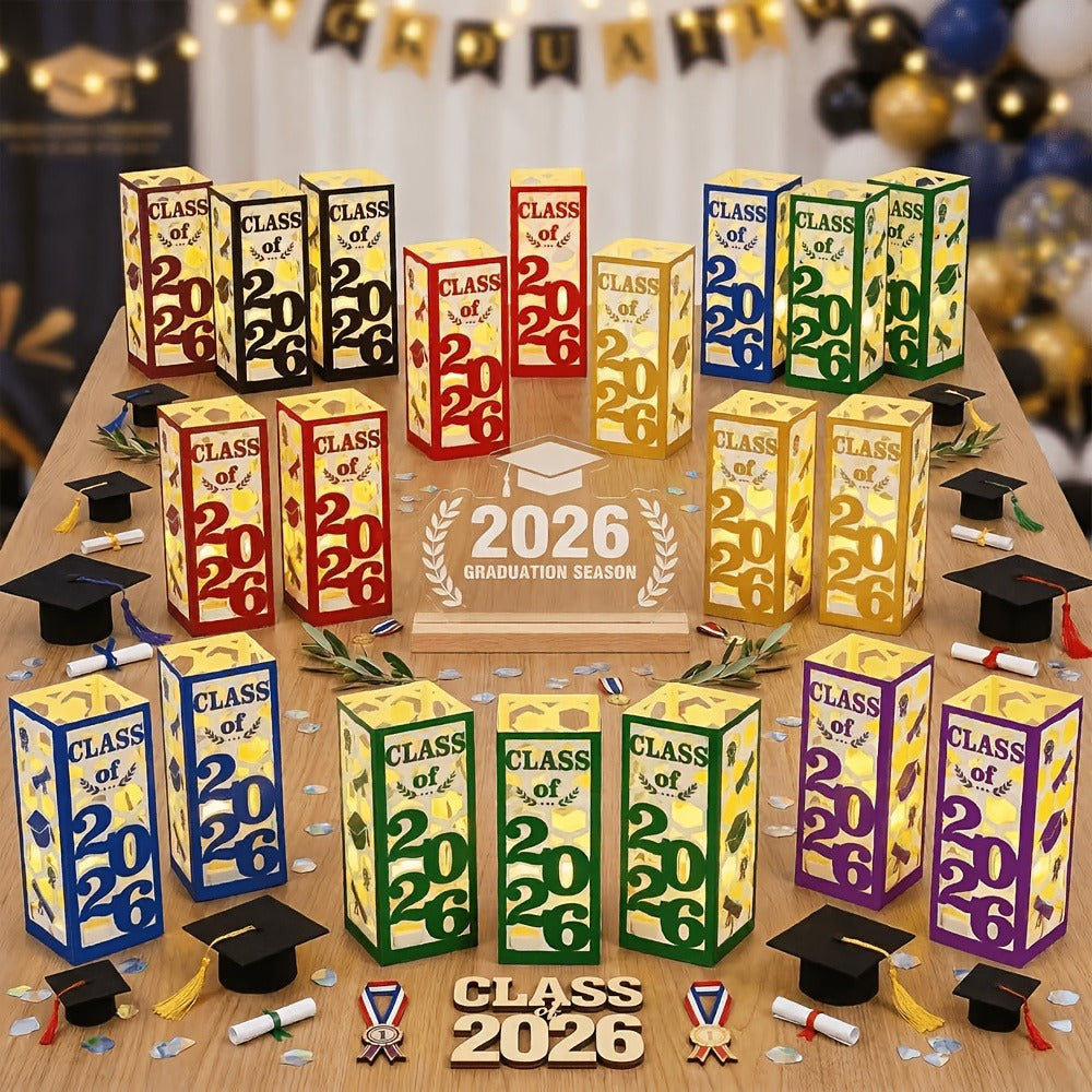 Graduation Centerpiece Set 6pcs Class of 2026 ¨C Decorative Lantern Box Table Decorations for High School & College Graduation Party, Photo Booth Props, Party Kit in Red Blue Green Purple Maroon