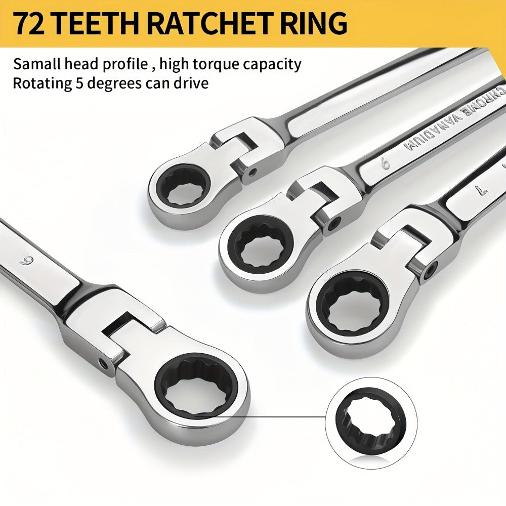 Ratchet Wrench Set 5pcs Flexible Head 6-10mm Metric Chrome Vanadium Steel 72-Tooth Combination Wrench Open Closed End for Automotive Bicycle Home Repair Mechanic Hand Tool Kit Silver