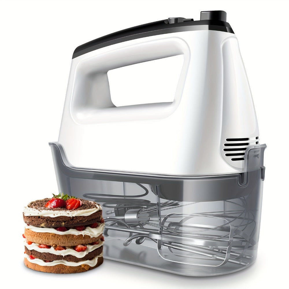 Electric Hand Mixer 250W with Storage Case ¨C 5-Speed Plus Turbo Handheld Mixer with 5 Stainless Steel Attachments (2 Beaters, 2 Dough Hooks & 1 Whisk) ¨C Kitchen Baking Mixer in Blue, Black, White & Silver