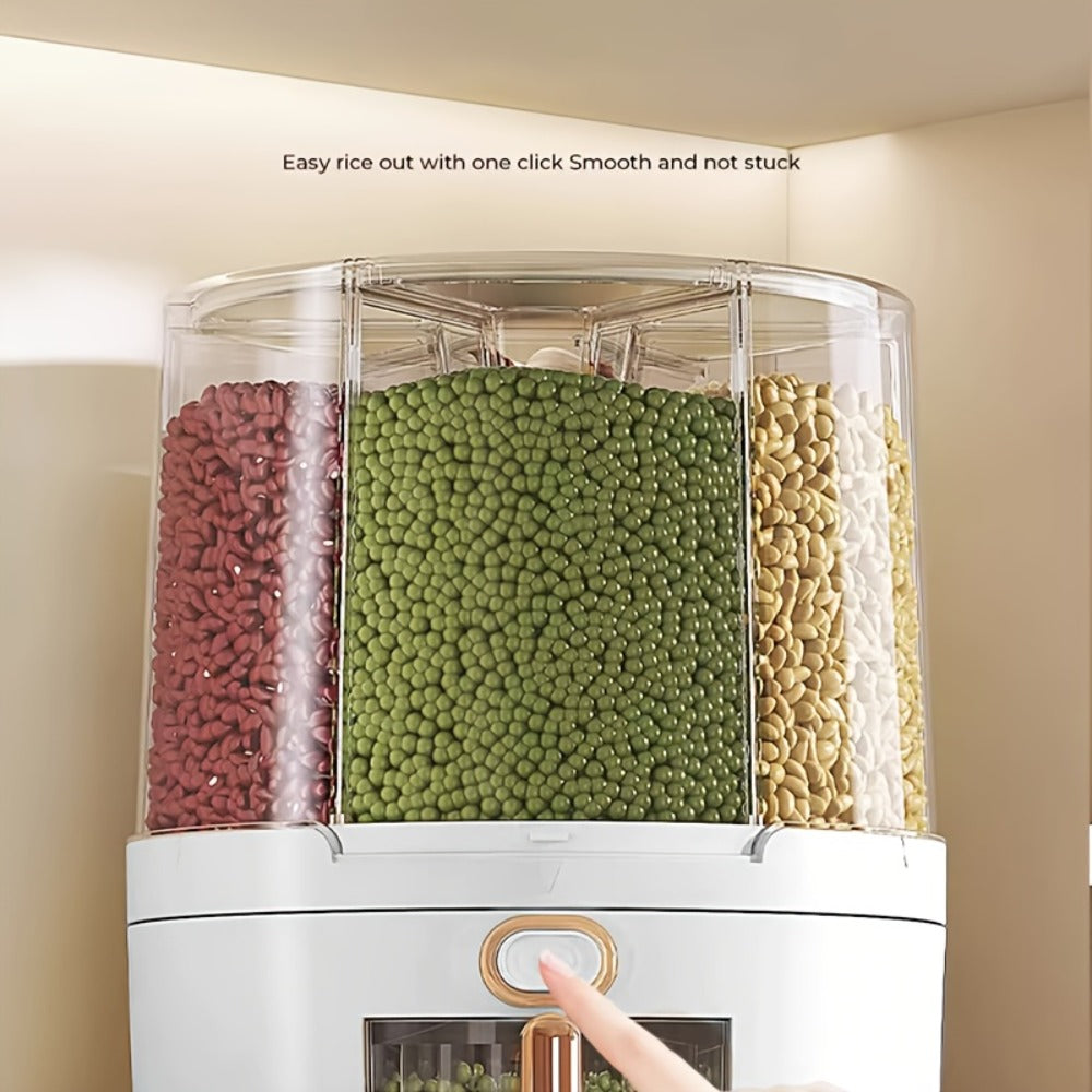 Rice Dispenser 360 Rotating 6 Compartment Grain Storage Container - Airtight Moisture Proof with Transparent Window, Food Grade PP, Large Capacity for Rice Cereal Flour and Pet Food, Medium 13lb or Large 22lb