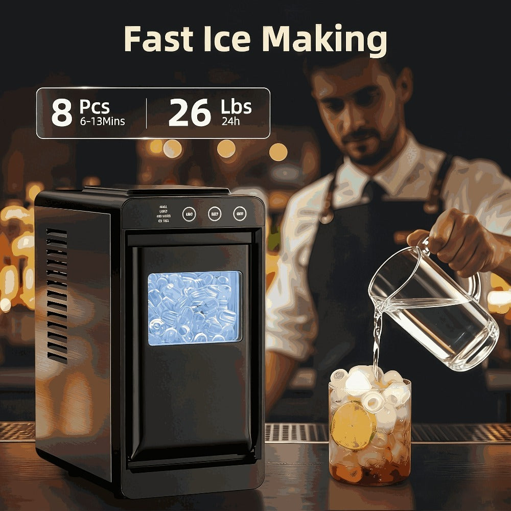 Countertop Ice Maker ¨C 26 Lbs in 24 Hours, Selectable Ice Size, Internal Lighting, Self-Cleaning Portable Ice Machine with Basket & Scoop, Compact Design for Home, Kitchen & Office Use
