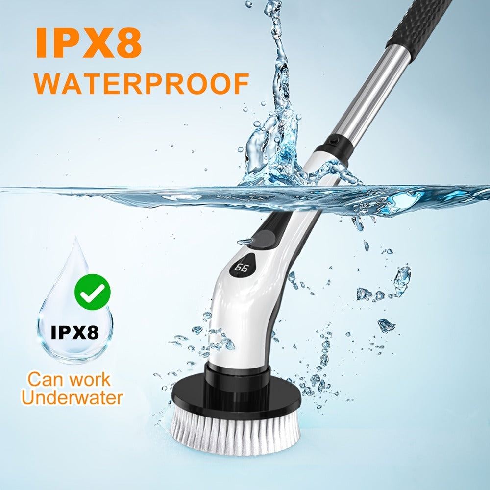 Electric Spin Scrubber Cordless IPX8 Waterproof 9 Replaceable Brush Heads 4 Adjustable Extension Handles LED Display 2-Speed 90-Min Battery for Bathroom Kitchen Tile Floor Tub Grout Cleaning White