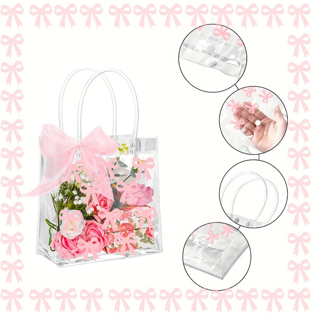 Clear PVC Gift Bags 24pcs with Pink Bow & Ribbon | Party Favor Bags for Wedding Birthday Baby Shower Christmas