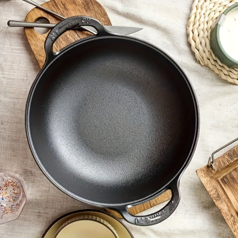 Cast Iron Wok Skillet Non-Stick Deep Stir Fry Pan with Dual Handles - Heavy Duty Uncoated Traditional Cooking Pot Multi-Size 9.84 10.62 11.81 12.59 Inch for Home Outdoor Grilling Baking