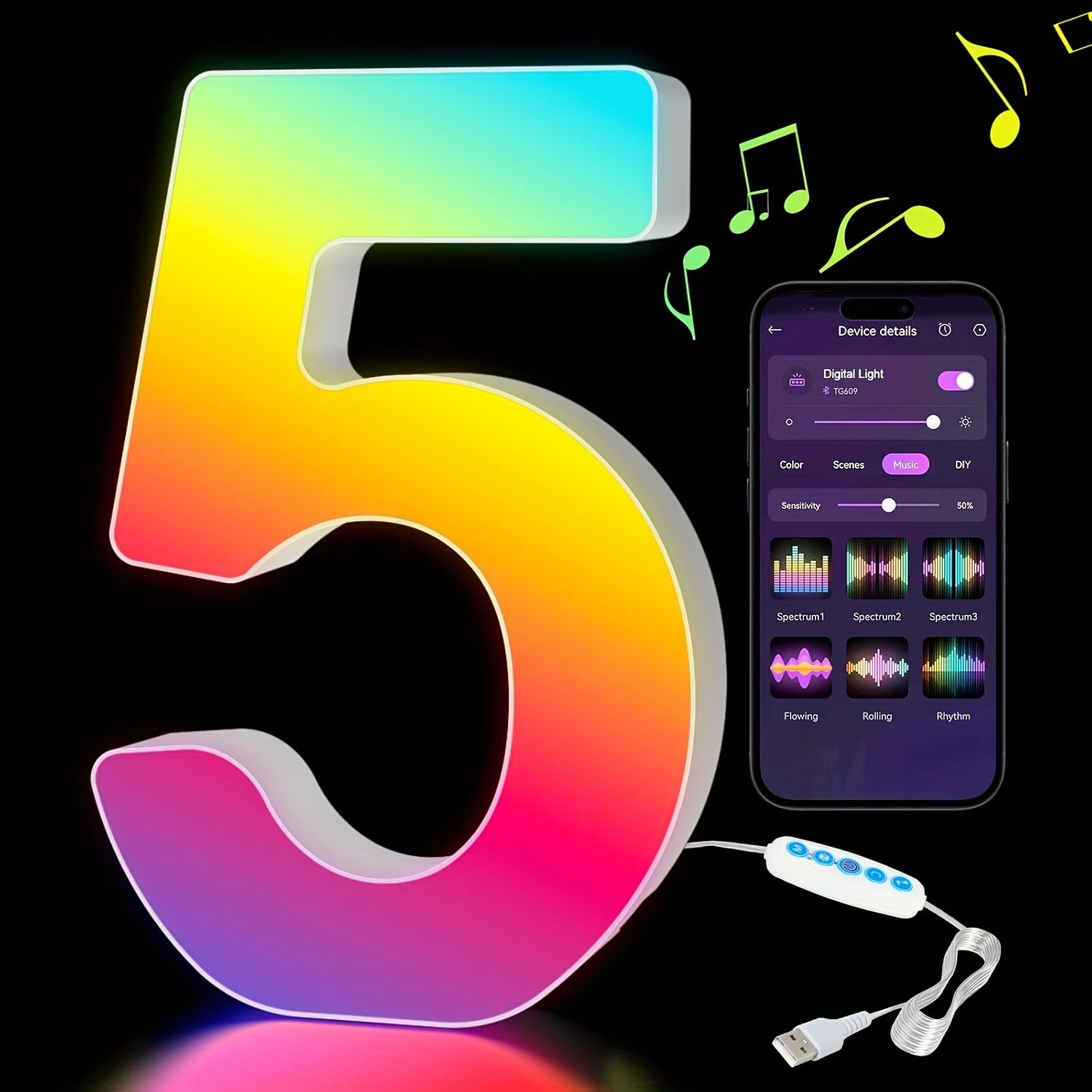 LED Letter Lights Music Sync - Colorful Flashing Marquee Alphabet Lights for Room Decor, Party, Bedroom, Festival & Camping, Numbers 0-9 & A-Z & Symbols Available, Night Light Wall Decoration