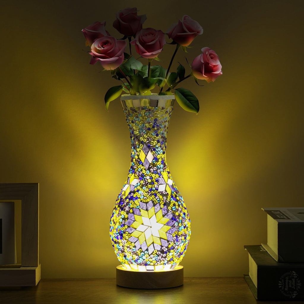 Mosaic Vase Lamp Turkish Moroccan Handmade Colorful Glass Table Lamp with Wooden Base ¨C USB Plug-In Boho Night Light, Flower Vase Lamp for Bedroom Living Room Decor, Bohemian Mosaic Desk Lamp Gift