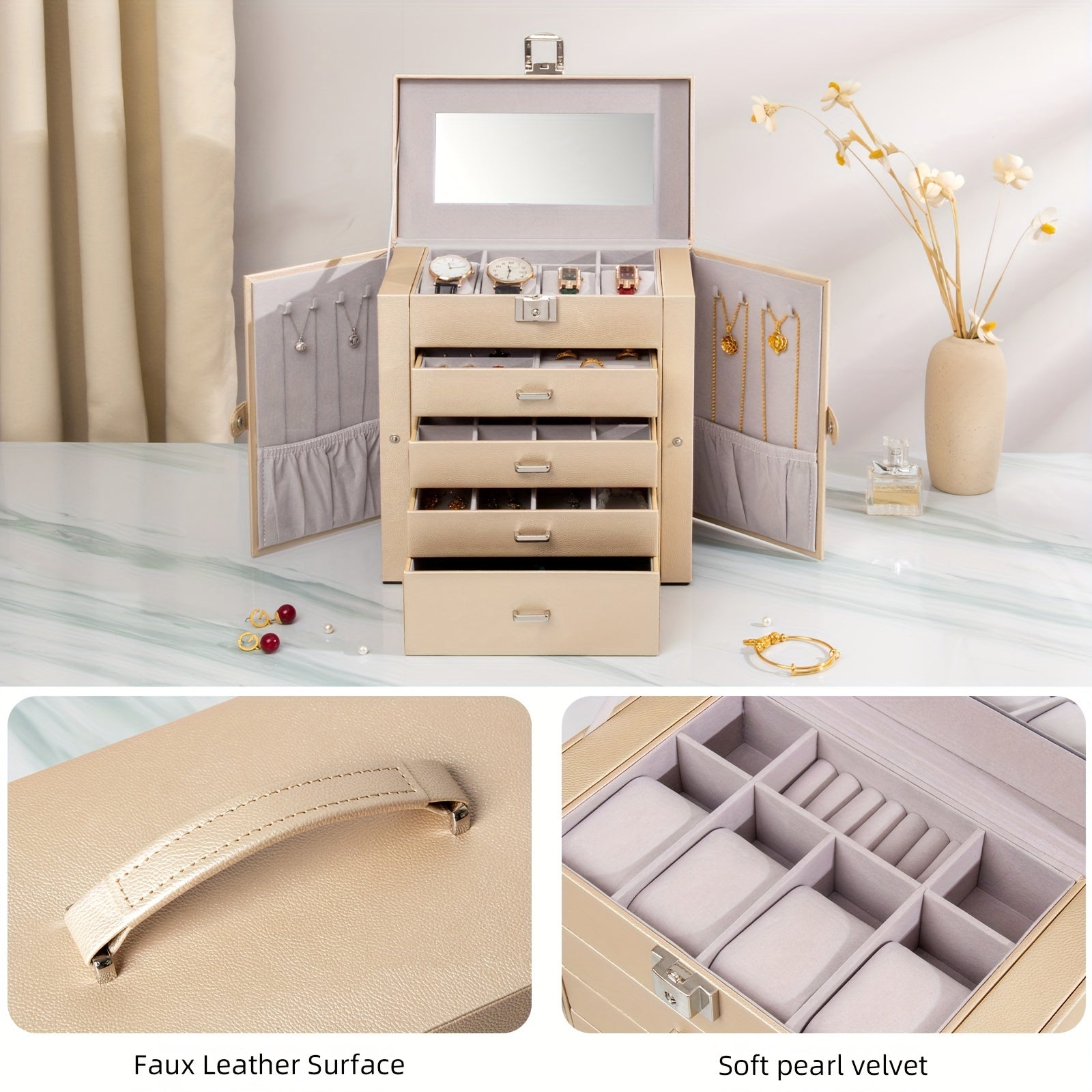 Large Jewelry Box 5-Tier PU Leather Organizer with Lock & Mirror ¨C Storage Case for Bracelets, Earrings, Rings & Necklaces