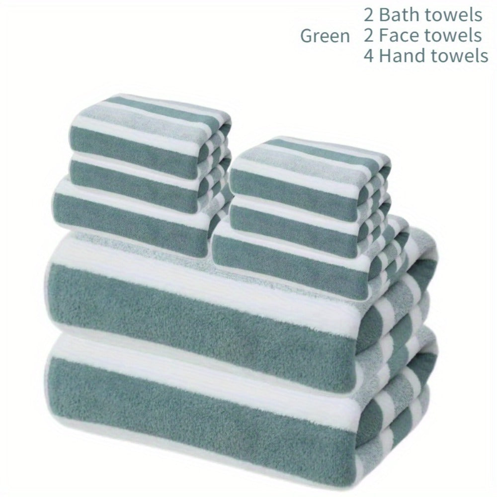 Towel Set 8 Piece Two-Color Striped - Super Absorbent Soft No Hair Loss Bath Towel Combo | 2 Bath Towels 2 Face Towels 4 Hand Towels | Grey Red Blue Green | Bathroom Family Hotel Spa Gift Set