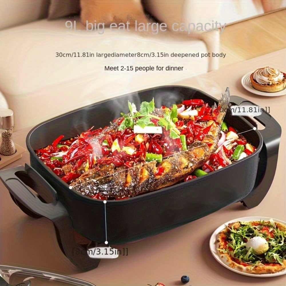 Electric Ceramic Non-Stick Pot 12x12 Inch 1500W Square Skillet with Glass Lid Adjustable Temperature Frying Baking Steaming Boiling Easy Clean Home Kitchen Cookware