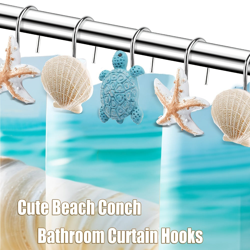 12pcs Resin Marine Shower Curtain Hooks ¨C Blue Turtle & Starfish Shell Decorative Bathroom Curtain Ring Hangers Home Decor Accessories