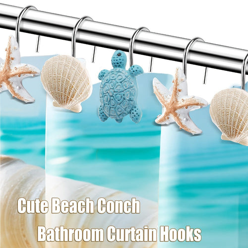 12pcs Resin Marine Shower Curtain Hooks ¨C Blue Turtle & Starfish Shell Decorative Bathroom Curtain Ring Hangers Home Decor Accessories