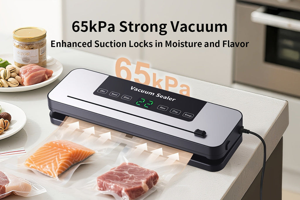 Vacuum Sealer Machine 6-in-1 Automatic Food Sealer 65Kpa Powerful Suction with Bags Cutter & Hose ¨C Sous Vide Compatible Food Storage Vacuum Sealer for Dry & Moist Foods