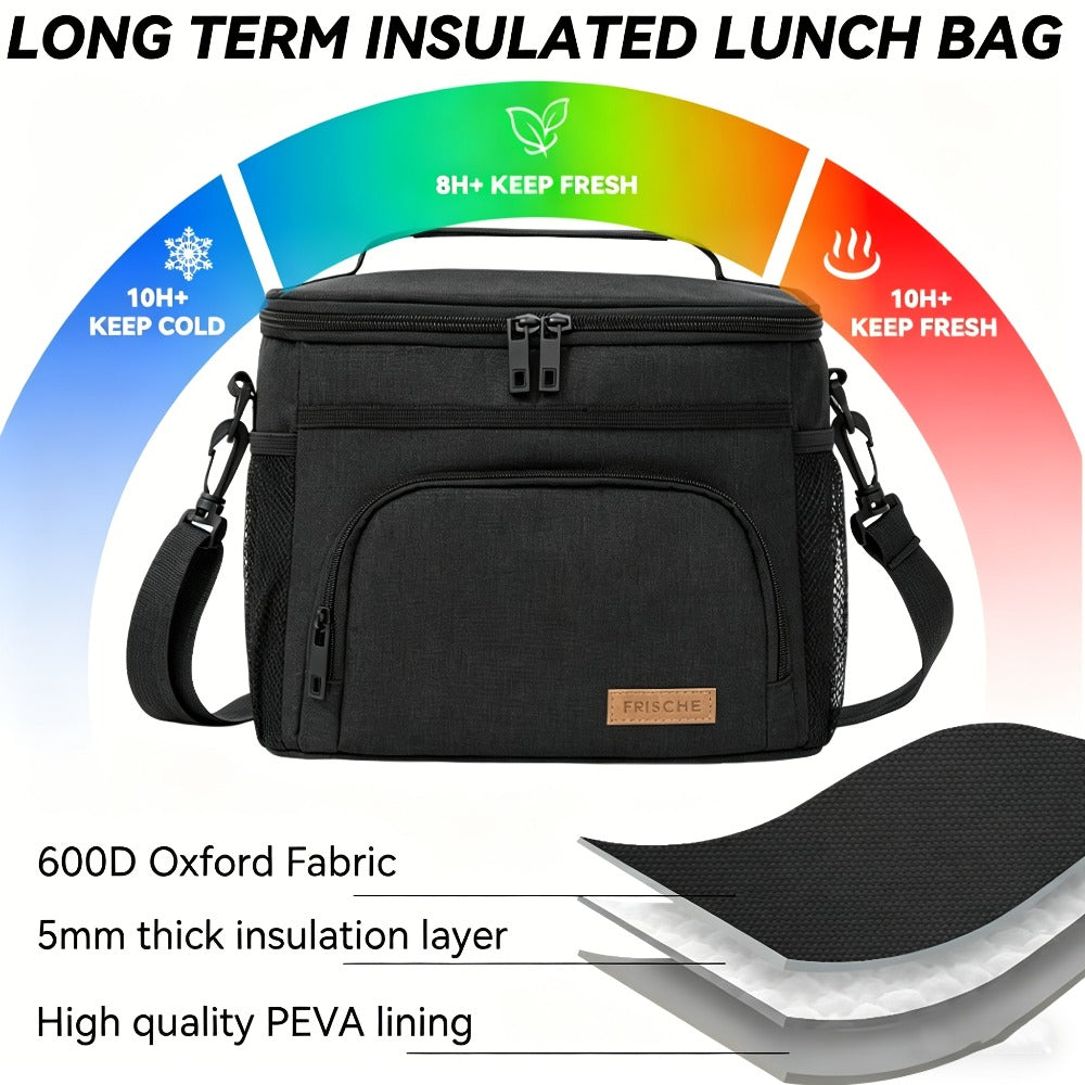 Insulated Lunch Bag with Adjustable Shoulder Strap - Leakproof Reusable Cooler Bag for Men Women Portable Fresh Keeper | Black Grey Blue | Office Travel Beach Picnic Camping School