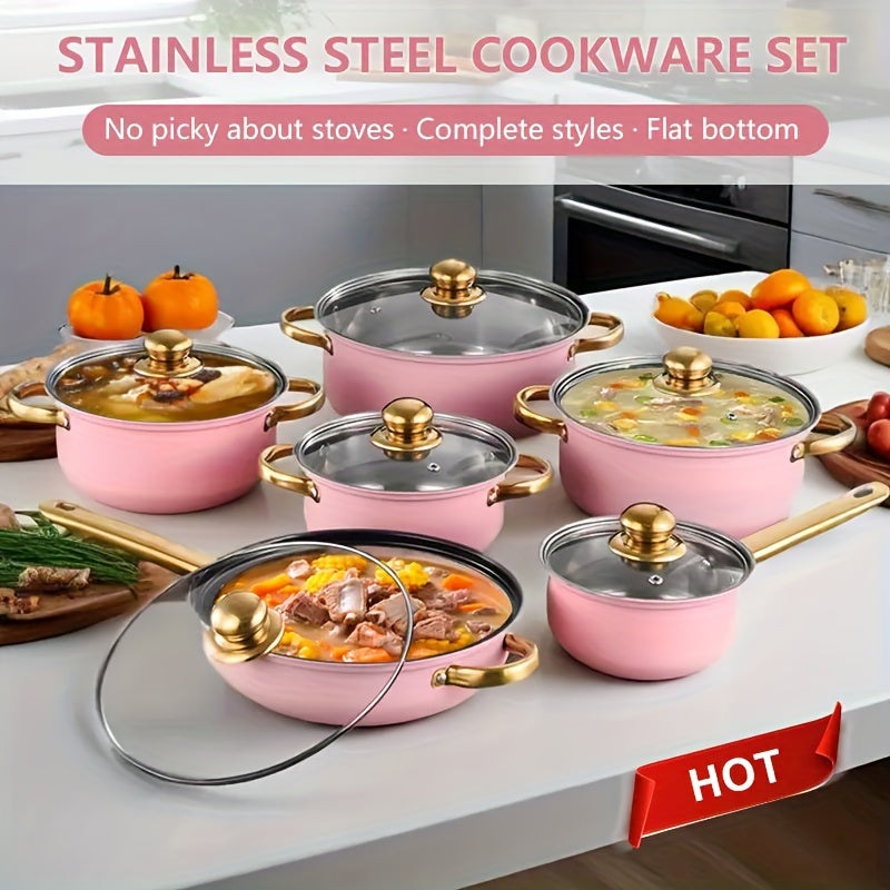 Stainless Steel Non-Stick Cookware Set 10/12pcs, 316 Grade Steel Frying Pan, Stockpot & Milk Pot with Lid, Multi-Functional Kitchen Cooking Set in Gold, Pink & Orange
