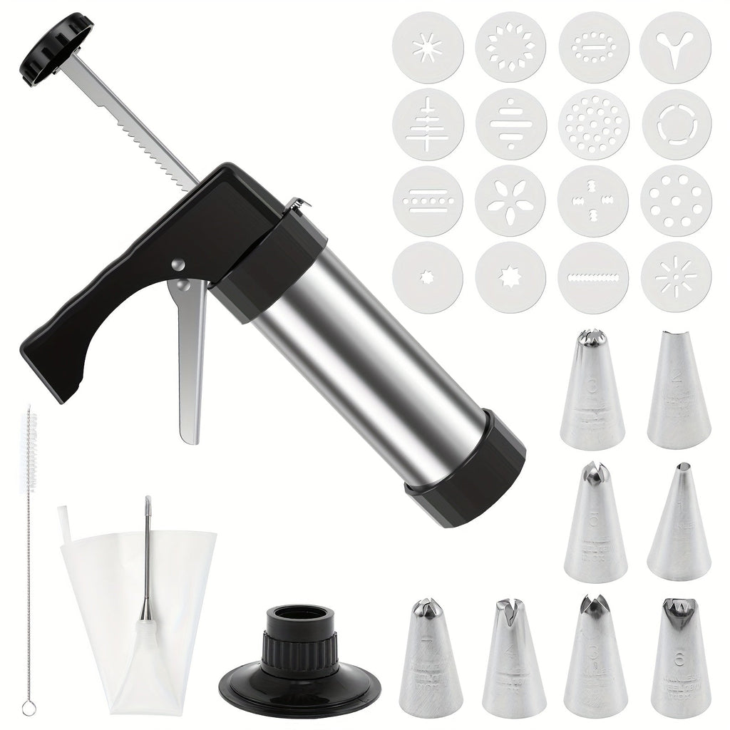 Cookie Press Kit Stainless Steel - 16 Cookie Discs & 8 Icing Tips, Biscuit Press Maker for Christmas Holiday Baking, Cake Dessert Decorating Tool Set with Cleaning Brush