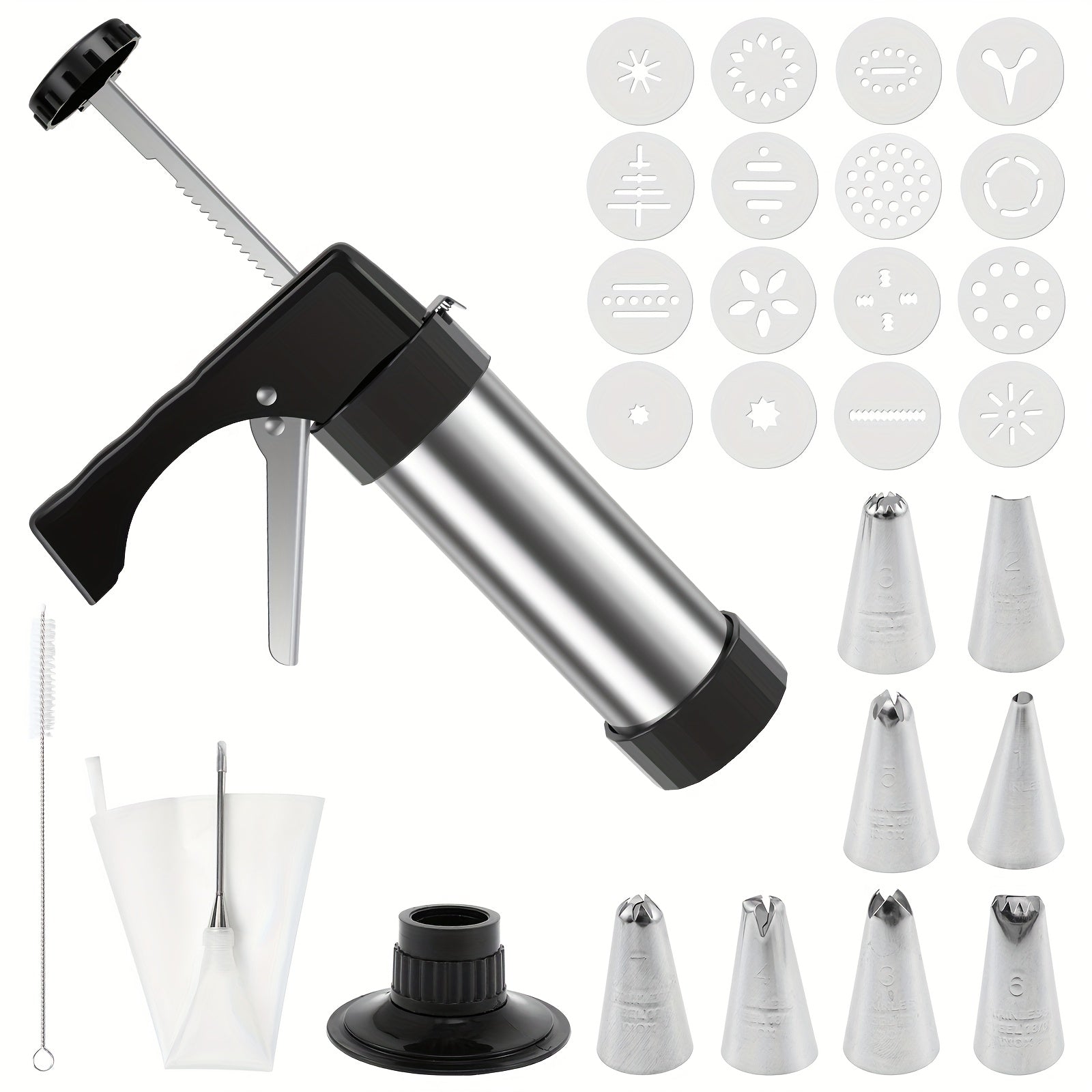Cookie Press Kit Stainless Steel - 16 Cookie Discs & 8 Icing Tips, Biscuit Press Maker for Christmas Holiday Baking, Cake Dessert Decorating Tool Set with Cleaning Brush
