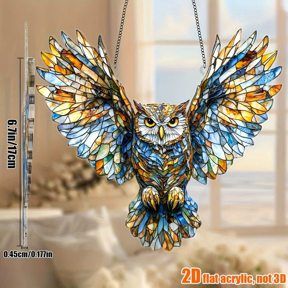 Owl Hanging Ornament Colorful Acrylic 6.7¡±x8¡±, 2D Flat Animal Wall Art Decoration for Christmas Tree, Home, Office & Outdoor, Unique Birthday & Anniversary Gift for Her ¨C Boho Bird Decor (1pc)