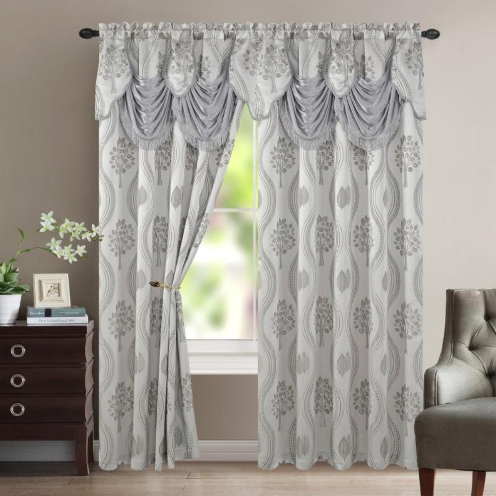 Blackout Curtains 2 Panels 54x84 Inch | Jacquard Room Darkening Rod Pocket Curtain Set with Attached Waterfall Valance | Machine Washable Window Drapes for Living Room Bedroom Home Office Study
