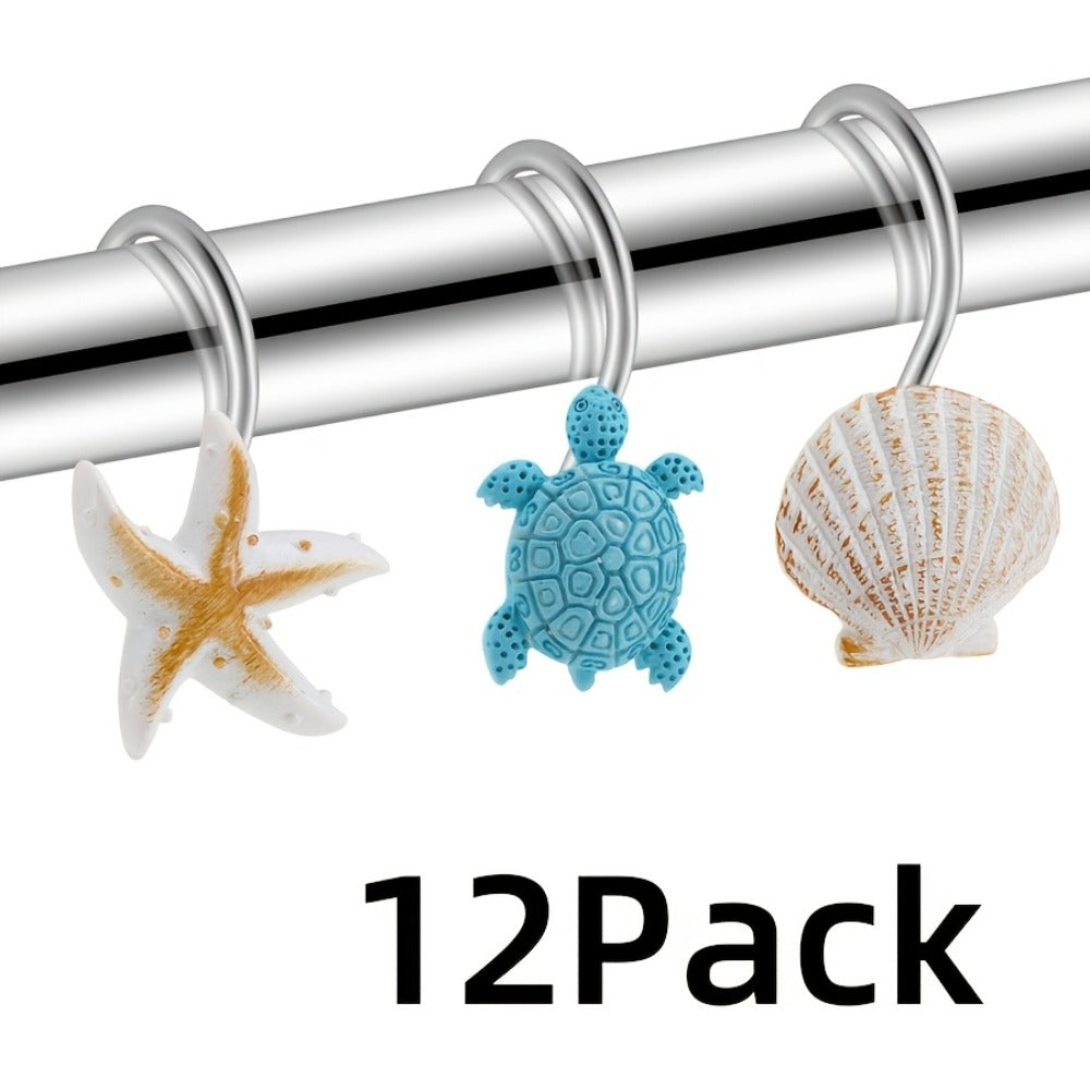 12pcs Resin Marine Shower Curtain Hooks ¨C Blue Turtle & Starfish Shell Decorative Bathroom Curtain Ring Hangers Home Decor Accessories