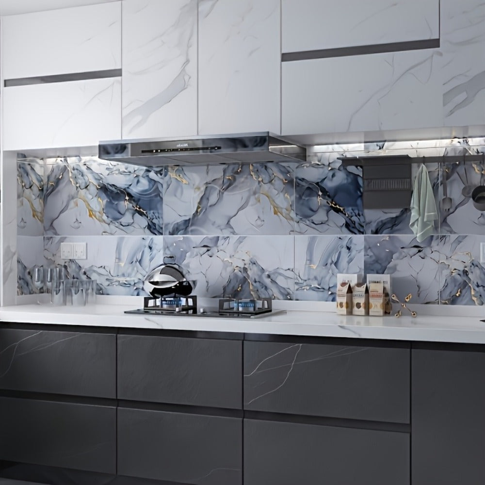 Peel and Stick Marble Tile Stickers ¨C Self Adhesive Foam Wall Tiles for Bathroom Kitchen Office Bohemian Home Decor (50/100pcs, White/Gray/Black/Blue Gold)