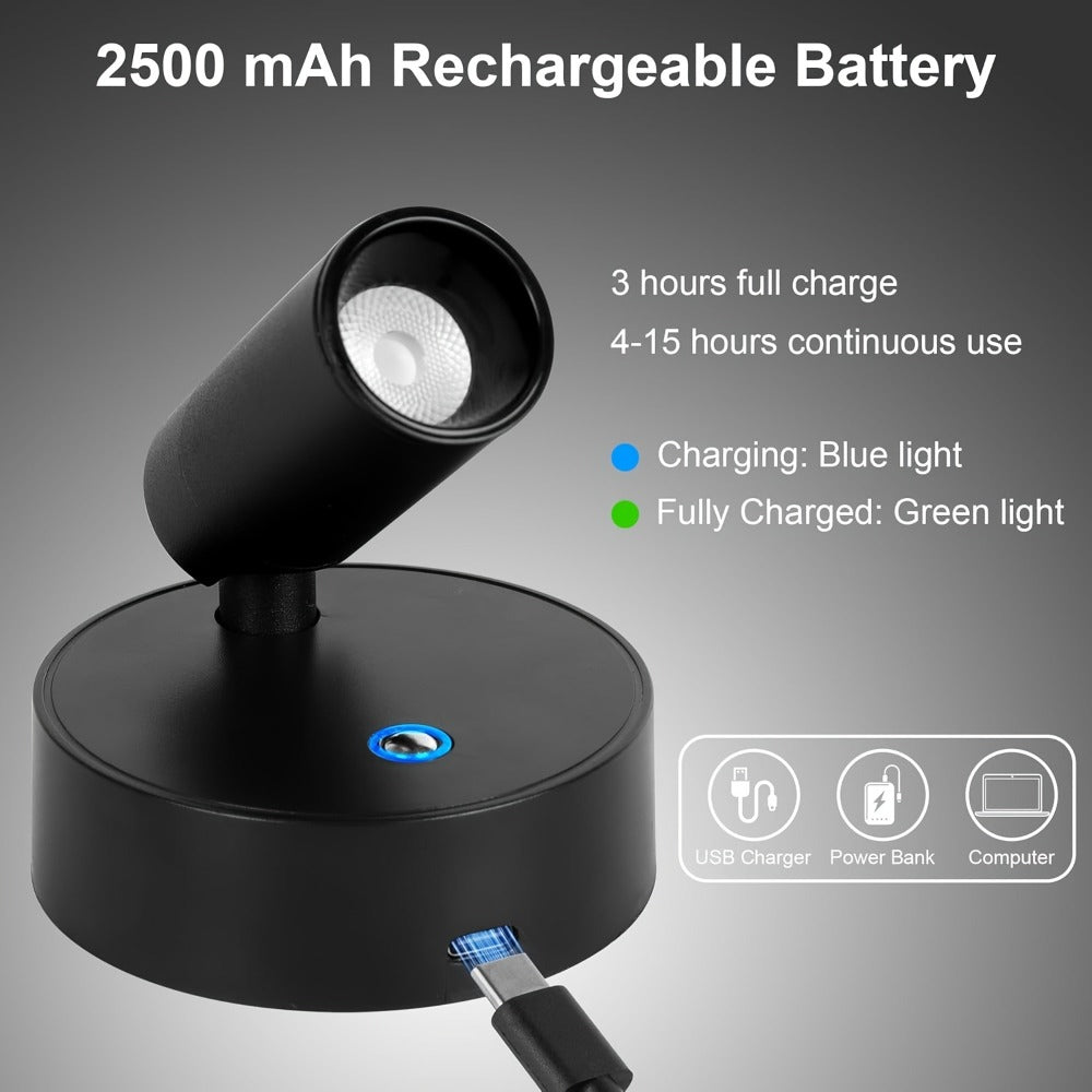 Rechargeable Indoor Spotlight LED ¨C 3-Color Dimmable with Remote & Timer, 350¡ã Adjustable, 2500mAh Battery, Magnetic Base Wall Accent Light for Pictures, Plants & Artwork (White / Black, 1 or 2 Pack)