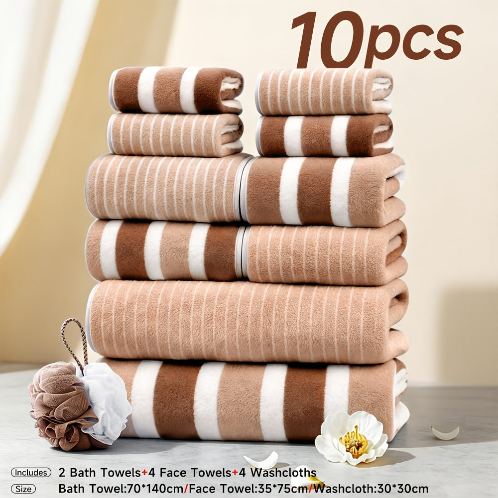 Microfiber Towel Set No Hair Loss Five-Star Hotel Standard - Ultra Soft 100% Polyester Two-Color Striped | 10pcs 3pcs 1pc | Green Brown Gray Red Blue | Bath Face Hand Towels with Bath Ball