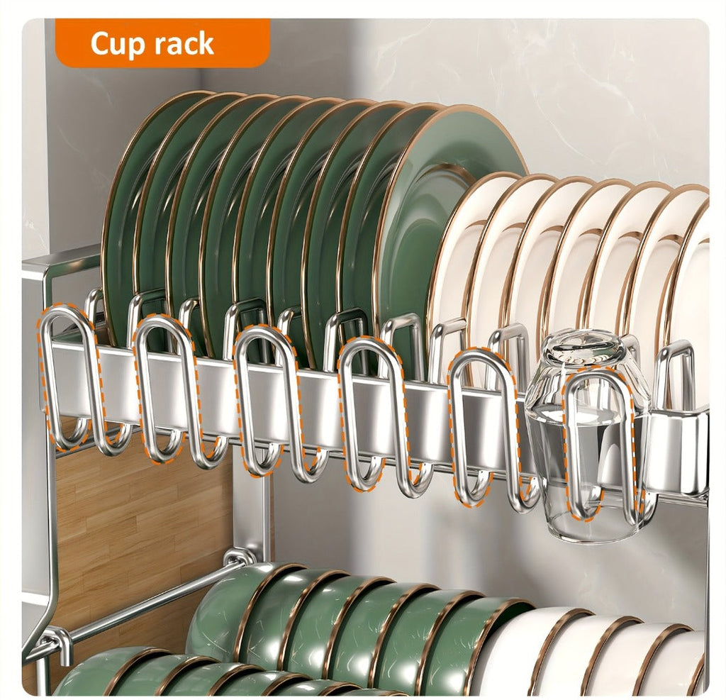 Stainless Steel 2-Tier Dish Rack with Auto Drainage | Rust-Resistant Kitchen Drying Rack for Dishes, Bowls, Cups & Utensils