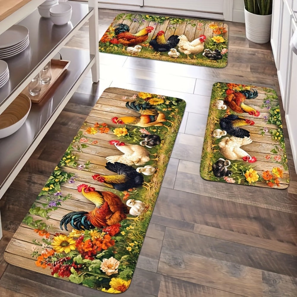 Rooster Kitchen Rugs Set 1/2/3/4pcs Vintage Farmhouse Anti-Slip Floor Mats for Kitchen Bedroom Bathroom Living Room Laundry Room Entrance
