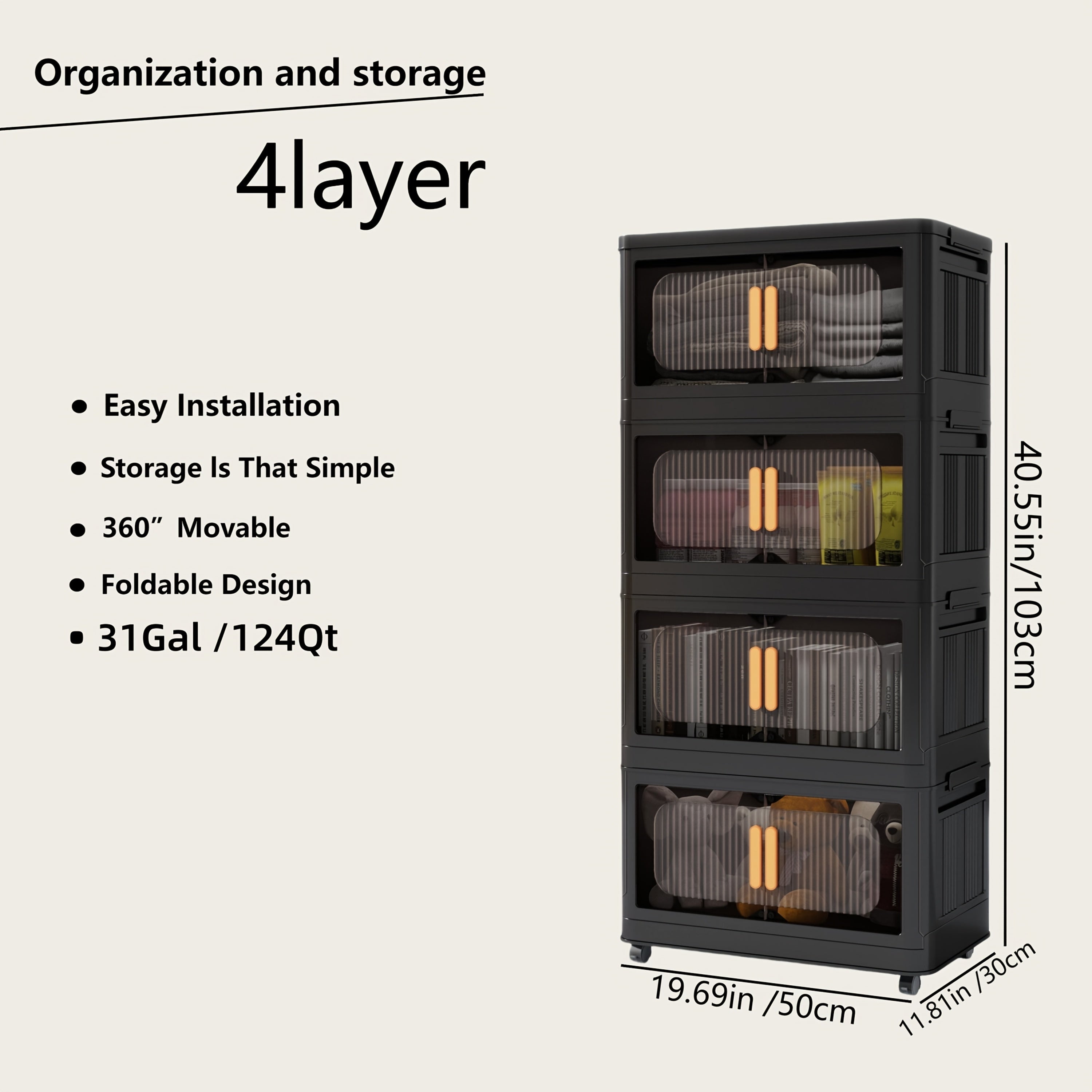 Rolling Storage Cart 4 5 Tier Double Door Collapsible Stackable Plastic Organizer with 360 Lockable Wheels Space Saving Bin for Dorm Office Closet Bedroom Garage Gym