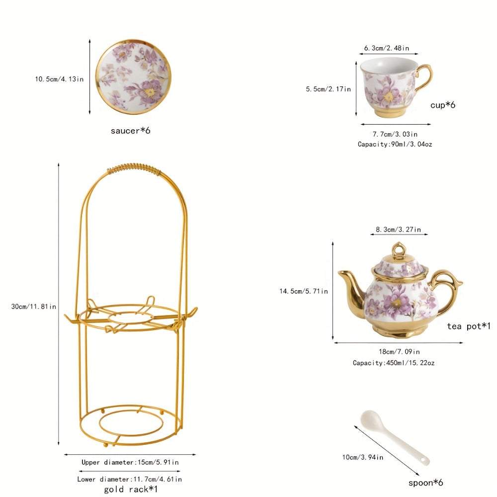 Floral Ceramic Tea Set 20 Pcs ¨C European Porcelain Tea Cups & Saucers with Metal Holder & 15 Oz Teapot ¨C Luxury Arabic Coffee Cup Set for Espresso, Cappuccino & Afternoon Tea ¨C Elegant Gift