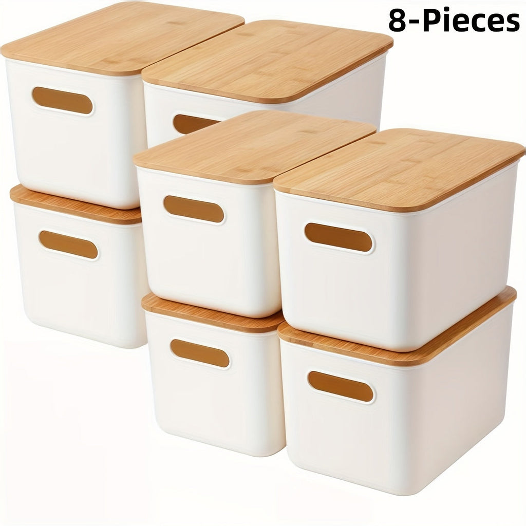 Plastic Storage Bins with Wood Lids Stackable Organizer with Handle and Labels for Home Office Kitchen Bedroom Closet Playroom 1 2 4 8 Pack