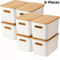 Plastic Storage Bins with Wood Lids Stackable Organizer with Handle and Labels for Home Office Kitchen Bedroom Closet Playroom 1 2 4 8 Pack