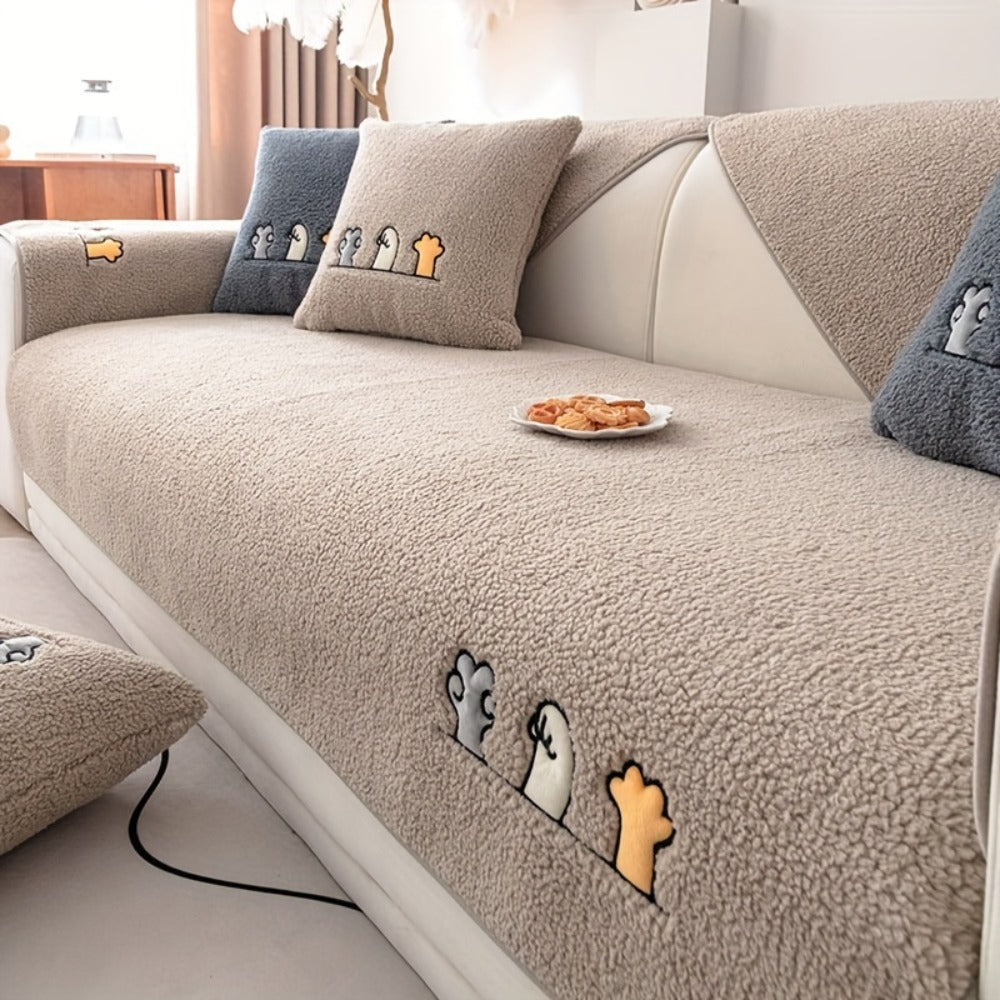 Plush Shearling Sofa Cover Non-Slip Pet-Friendly Couch Protector Animal Bone Embroidery Soft Warm for Living Room Bedroom Office 2 3 4 Seater
