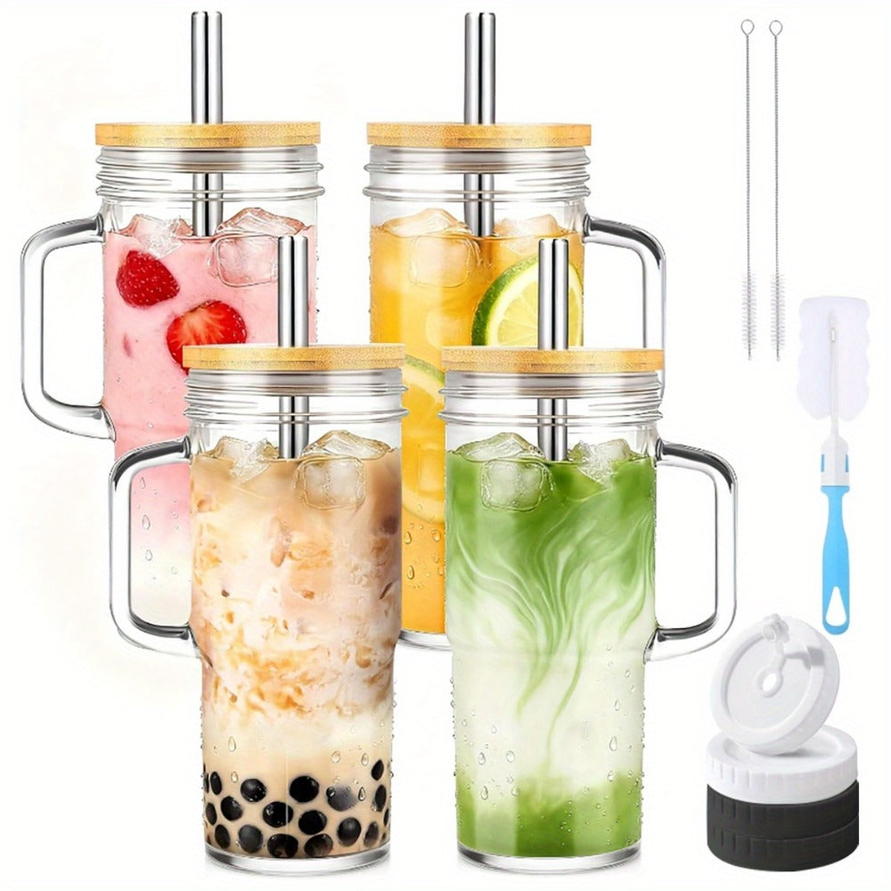 Glass Tumbler with Bamboo Lid and Straw 24oz - Leak-Proof Mason Cup with Silicone Seal, Reusable Straw & Cleaning Brush, Travel Drinkware Set for Outdoor & Daily Use