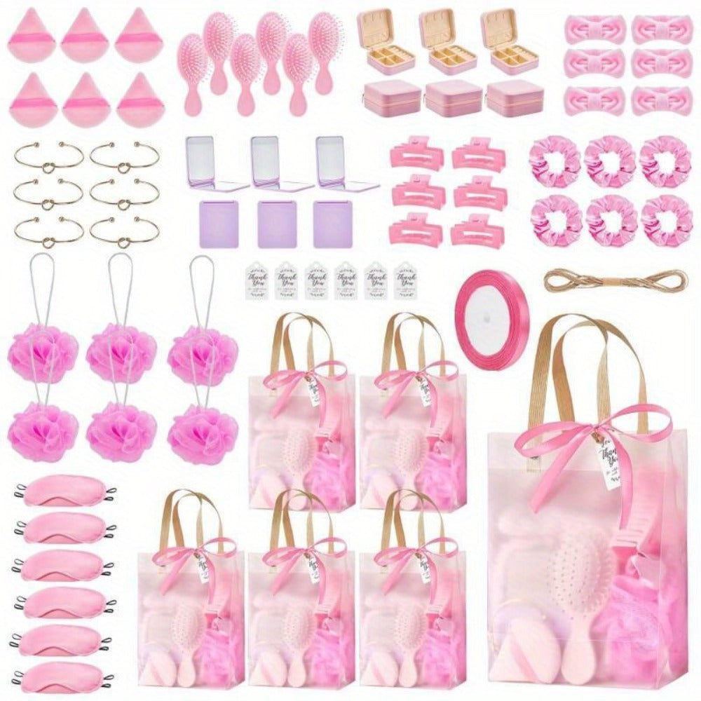 Party Favor Gift Set 74pcs ¨C Headbands, Hair Brushes, Bracelets, Mirrors, Powder Puffs, Hair Ties, Clips, Bath Sponges & Jewelry Boxes with Gift Bags for Bridal Shower, Wedding, Christmas & Events (Pink/Blue)