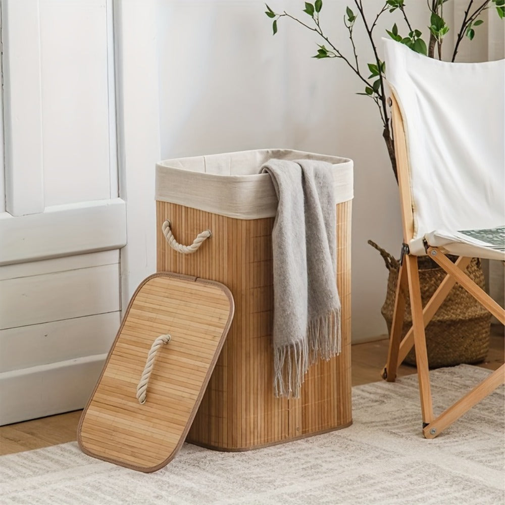 Collapsible Laundry Basket Bamboo Foldable Rattan Clothes Hamper - Space Saving Rectangular Storage Bin for Bedroom, Dorm Room & Bathroom, No Tools Assembly, Upgrade & Standard Models Available