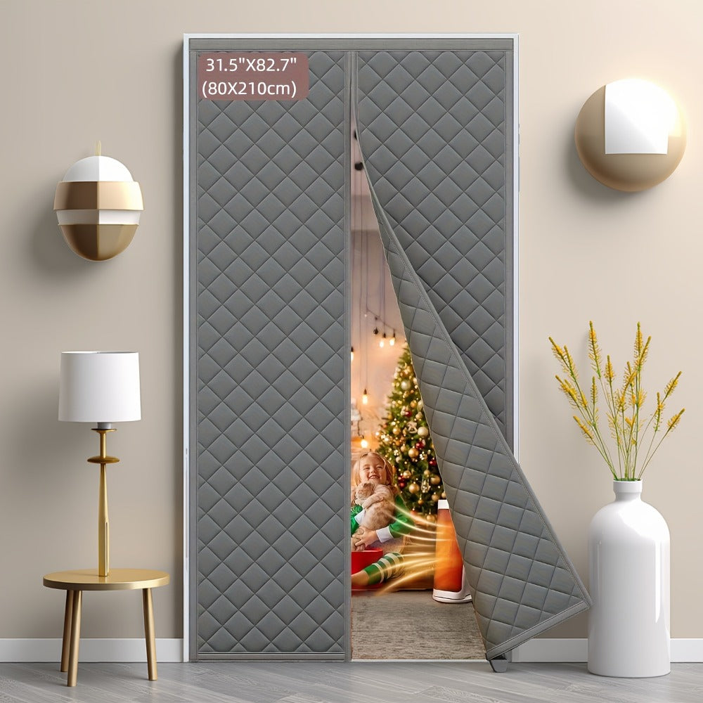 Thermal Insulated Door Curtain Magnetic Closure Knit Plaid Pattern ¨C Windproof Insulation Blanket for Front Door, Sliding Glass, Patio & French Doors, Keep Cold Out, Grey & Brown, Multiple Sizes
