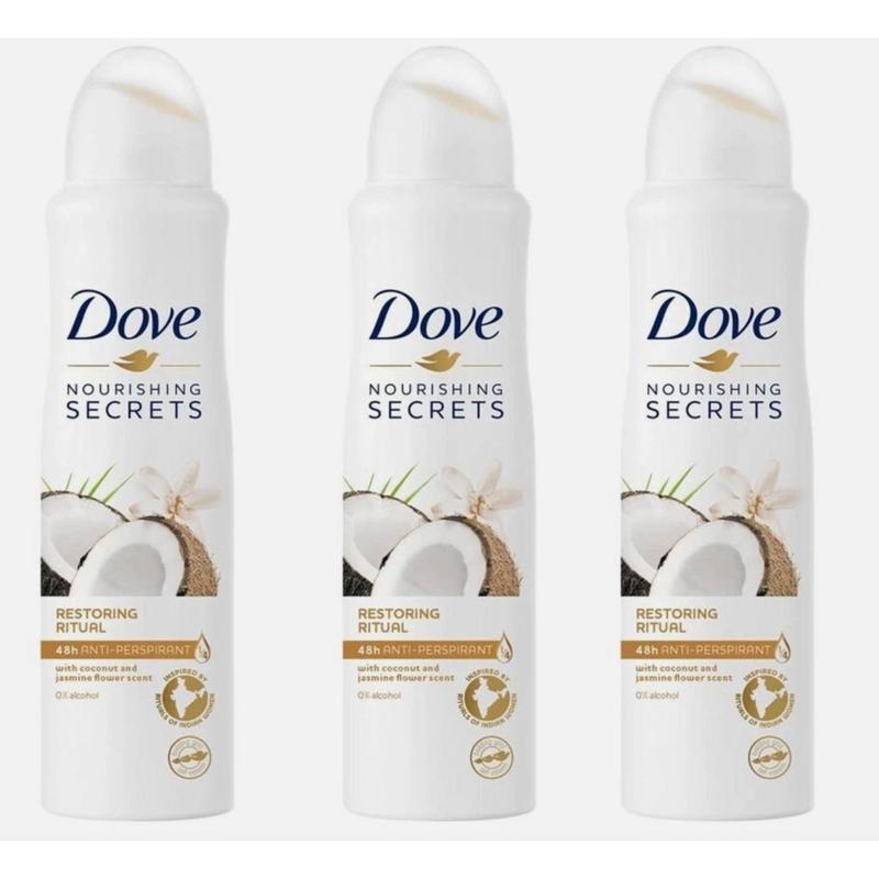 Dove Antiperspirant Deodorant Spray 3-Pack Coconut Jasmine Restoring Ritual 150ml Each ¨C 48-Hour Sweat & Odor Protection with Moisturizing Formula for Women Tropical Fragrance Body Spray